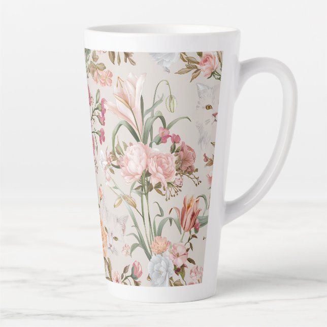 Tasse Latte White Cats Pink Roses Floral  (Droite)