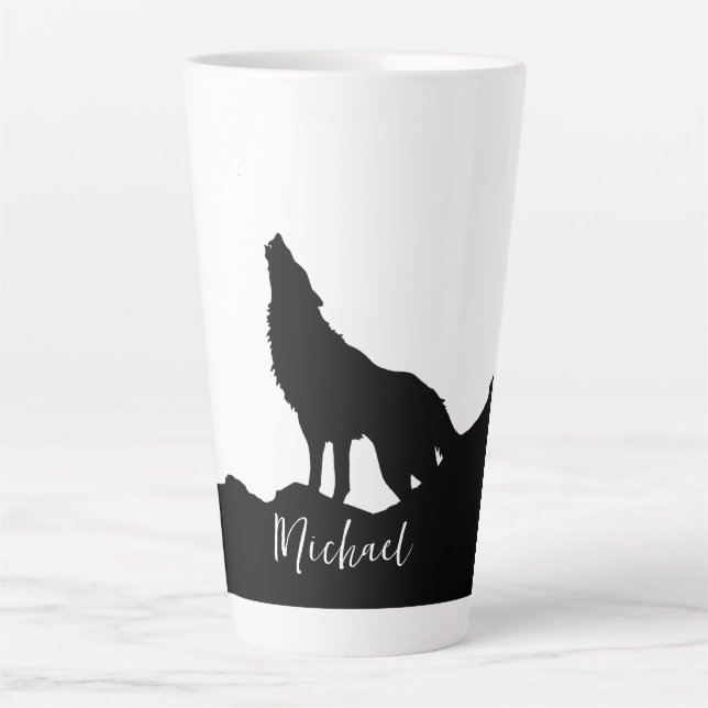 Tasse Latte Wolf Pop Art Votre Nom Personnalisé Noir Blanc (Devant)