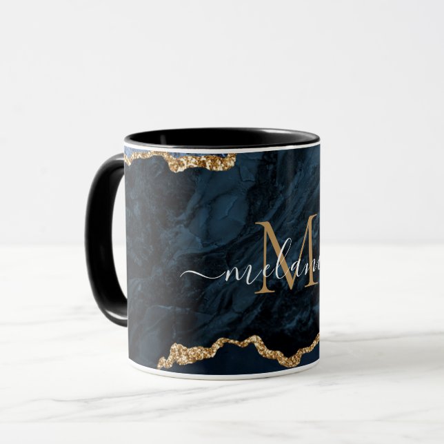 Tasse Lettre Nom Marbre Agate Bleu Nuit Or (Devant gauche)