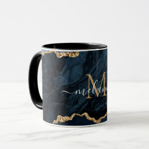 Tasse Lettre Votre Nom Marbre Bleu Nuit Or Agate