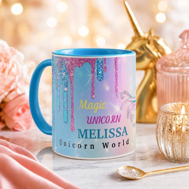 Tasse Licorne Magique (Personalized Unicorn Mug with Name | Glitter Drip Magic Unicorn Cup | Custom Gift for Girls)
