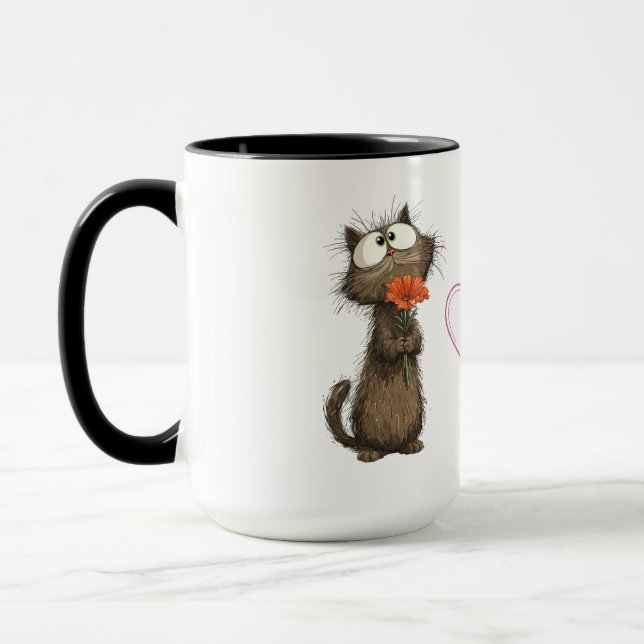 Tasse Mignon Chat Fluffy Tenant une Fleur Drôle Ca (Gauche)
