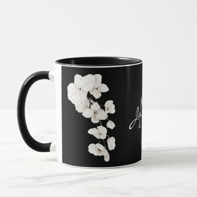 Tasse Monogramme Orchidée Noir et Blanc Moderne (Gauche)