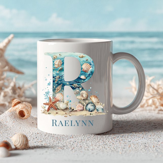 Tasse Monogramme Personnalisé R Initiale de la Côt (Personalized Coastal Monogram R Initial Beach Coffee Mug)