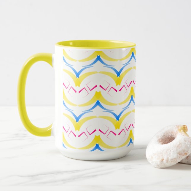 Tasse MUG 15 oz superbe design jaune, bleu et rose (Avec donut)