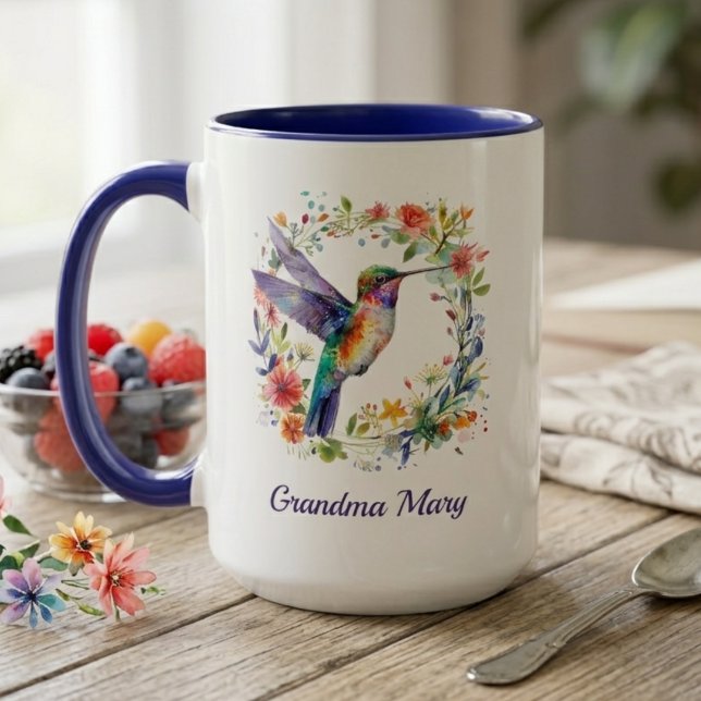 Tasse Nom Grand-Mère Colibri Cadeau Floral  (Watercolor hummingbird mug with grandma's name — beautiful Mother's Day gift for grandma)