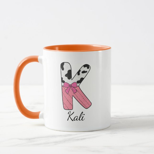 Tasse Nom Initial Personnalisé | Vache Rose Lettre (Gauche)