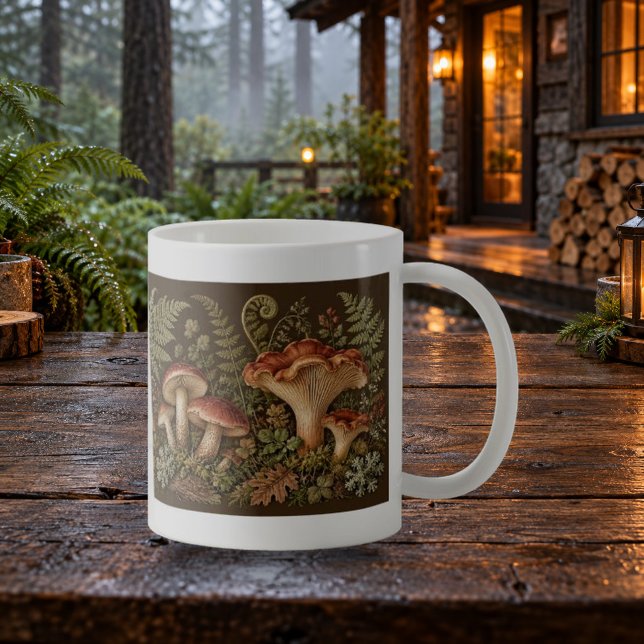Tasse Notes de terrain sur les champignons Étude d (Mushroom Field Notes Nature Study Mug — refined lighting and contact shadows. Digital lifestyle preview.)