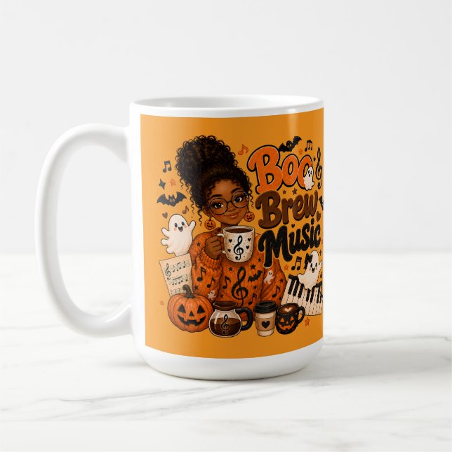 Tasse orange Halloween professeur de musique Boo B (Gauche)
