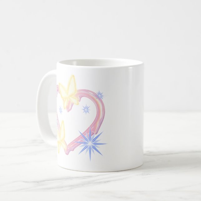 Tasse "Papillon rêveur scintillant" avec un dés (Devant gauche)