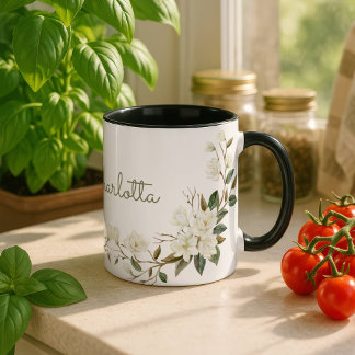 Tasse personnalisée à fleurs blanches élégantes av