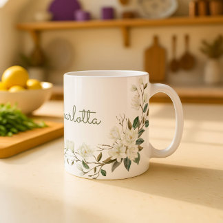 Tasse personnalisée à fleurs blanches élégantes av