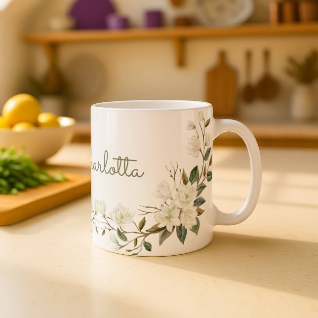 Tasse personnalisée à fleurs blanches élégantes av (Créateur téléchargé)