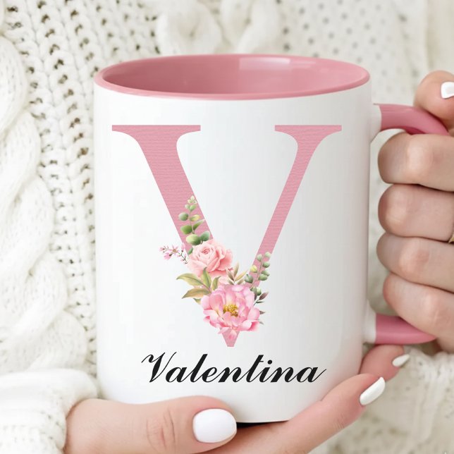 Tasse personnalisée avec initiale de nom en fleurs (Floral Rose Coffee Mug Christmas Gift for Her, Personalized Pink Floral Mug Gift for Mom or Grandma)