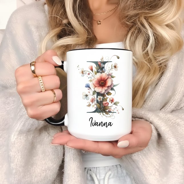 Tasse personnalisée avec monogramme de fleurs sauv (monogram mug, floral initial mug, personalized floral mug, wildflower monogram gift for mom & her,)