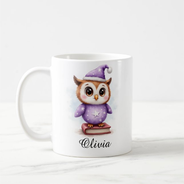 Tasse personnalisée avec nom de bébé hibou en pyja (Gauche)