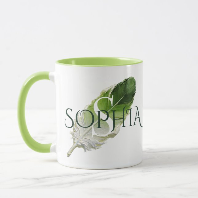 Tasse personnalisée avec plume et monogramme Vert  (Gauche)
