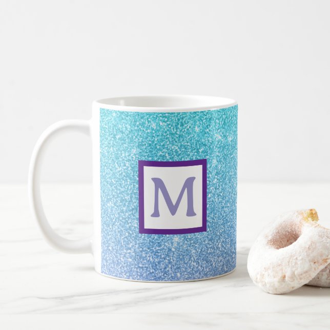 Tasse personnalisée initiale pailletée bleue  (Avec donut)