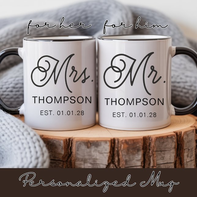 Tasse personnalisée Mr et Mrs Cadeau de mariage po (Personalized Husband and Wife Mug Anniversary Gift, Modern Script Newlyweds Mug Gift for Her or Him)