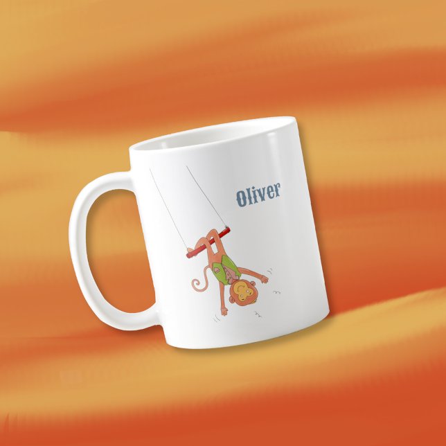 Tasse personnalisée pour enfant acrobate singe de  (Circus cartoon monkey on a trapeze kid cocoa mug with name .)