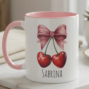 Tasse personnalisée "Sabrina" Cerise et Nœud Rose 