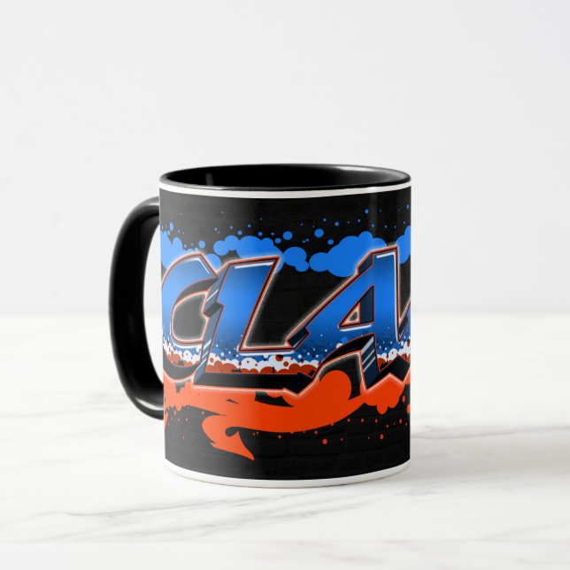 Tasse prénom nom Graffiti bleu orange Claas (Devant gauche)