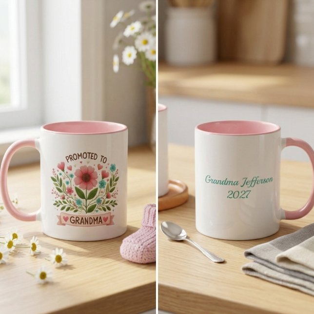 Tasse Promue Grand-mère - Fleurs Aquarelle (Grandma to be personalized coffee mug)