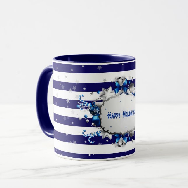 Tasse rayée bleue avec vœux de Noël (Devant gauche)