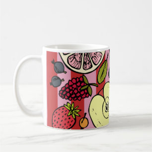 Tasse rayée rose et rouge avec des fruits colorés