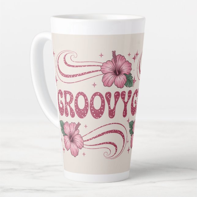 Tasse rétro groovy à latte au hibiscus rose (Angle gauche)