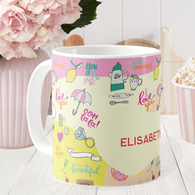 Tasse Rose Pastel Féminin Kawaii Doodle (Girly Pastel Pink Kawaii Doodle Coffee Mug ©Susanne Sachers - Sunny Wanderlust 🌞✈️)