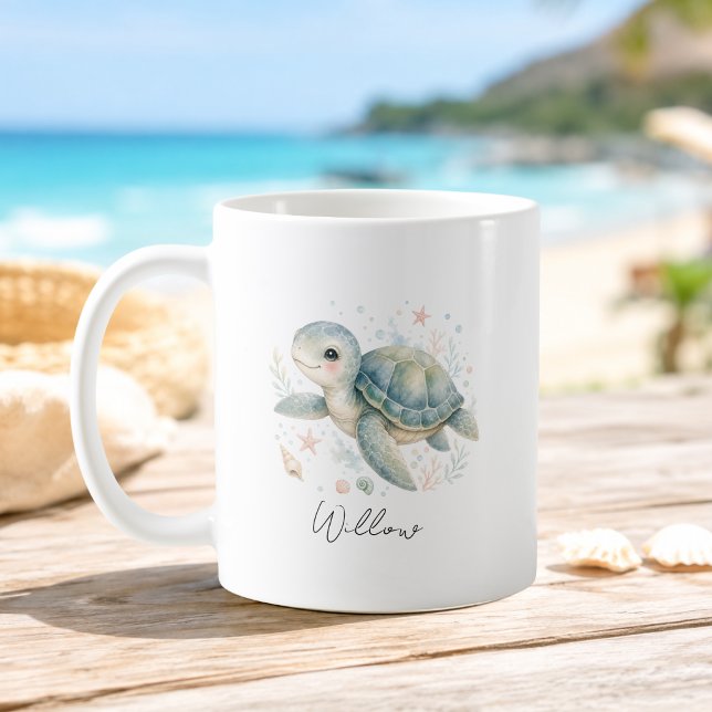 Tasse Tortue de Mer Nom Personnalisé (Custom Name Watercolor Ocean Turtle Mug Script Font)