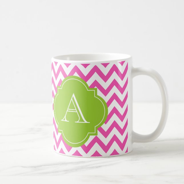 Tasse verte blanche rose de monogramme de Chevron (Droite)