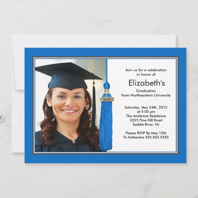 Tassel Photo Graduation Invitation Bleu & Blanc (Devant)