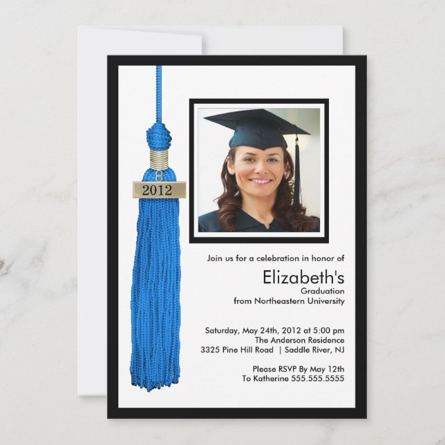 Tassel Photo Graduation Invitation Bleu & Blanc (Devant)