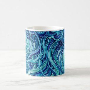 Tasses à café bleues océan avec tentacules de médu