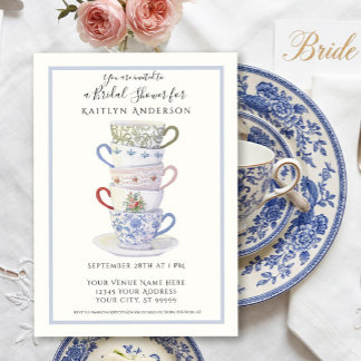 Tasses à thé empilées aquarelle vintage bleue mari