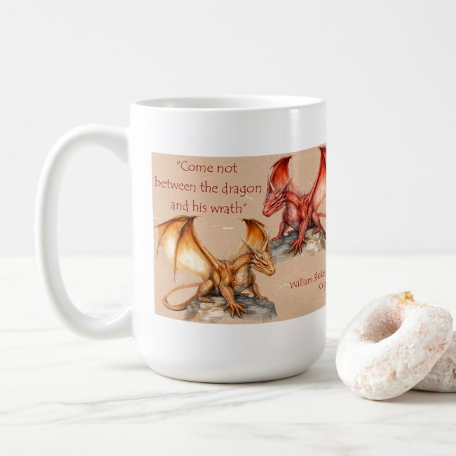 Tasses avec dragons et citation de King Lear rouge (Avec donut)