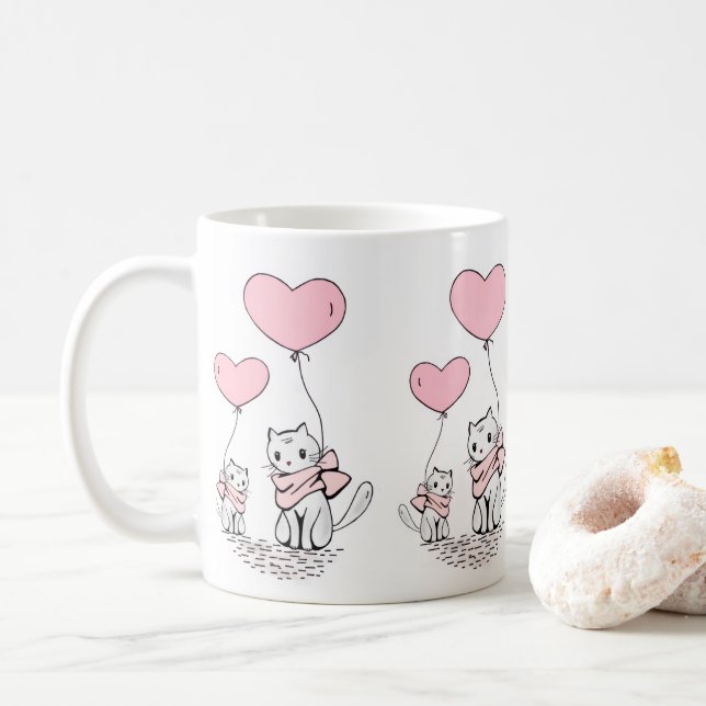 Tasses de chats de la Saint-Valentin coeurs roses (Avec donut)