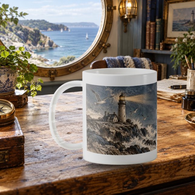 Tasses de lettres de phare Gravure de phare (Lighthouse Letters Lighthouse Etching Mug — refined lighting and contact shadows. Digital lifestyle preview.)