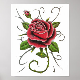 “Tattoo Style Red Rose” Poster Print