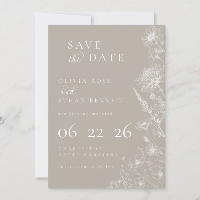 Taupe Botanical Minimal Wedding Save the Date (Devant)