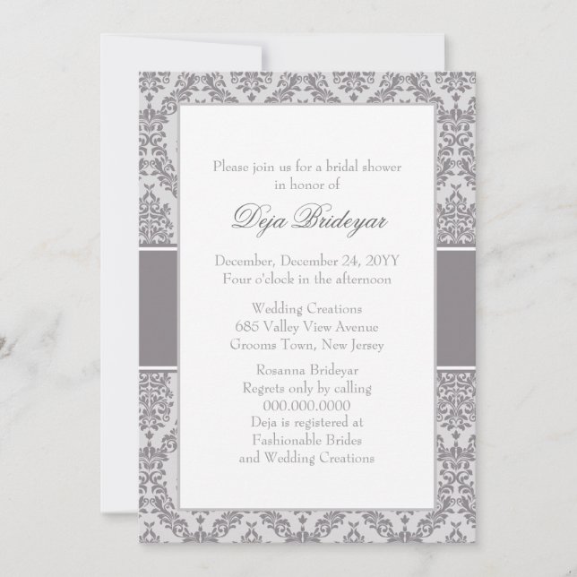Taupe Grey Damask Invitation à la douche nuptiale (Devant)