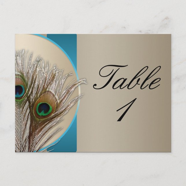 Taupe moderne Aqua Peacock Feather Numéro de table (Devant)