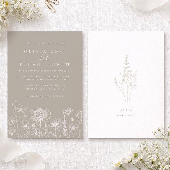 Taupe Neutral Wildflower Wedding Invitation (Taupe Wedding Invitation)