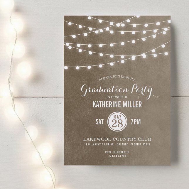 Taupe String Lights Graduation Party Invitation (Créateur téléchargé)