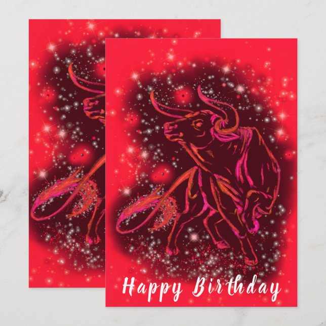 Taureau En Rouge Starry Carte D'Anniversaire (Devant / Derrière)