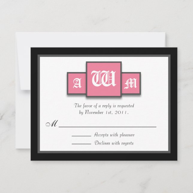 {TBA} Cartes Tri-Monogramme Rose Moderne Réponse / (Devant)
