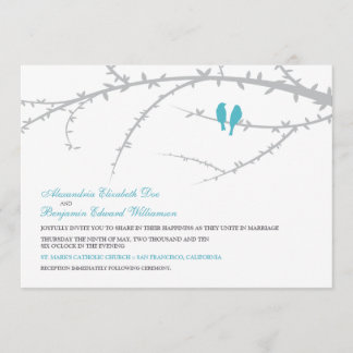 {Tba} Faire-part de mariage d'inséparables (aqua)