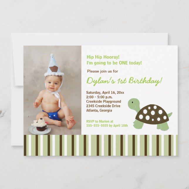 {TBA} Green Mod Dot Turtle Invitation Anniversaire (Devant)